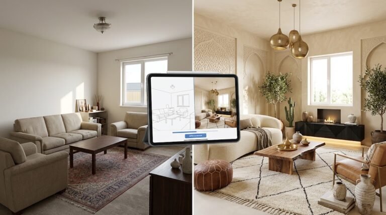 مقارنة قبل وبعد لغرفة معيشة تم تجديدها باستخدام تطبيقات تصميم المنزل بالذكاء الاصطناعي.